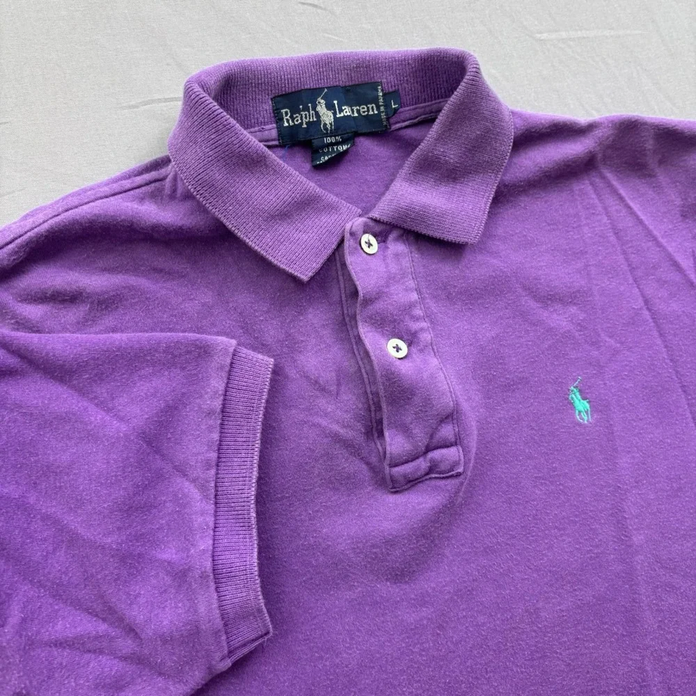 Ralph Lauren Mens Polo Shirt Large Purple Short Sleeve Cotton Pique Distressed